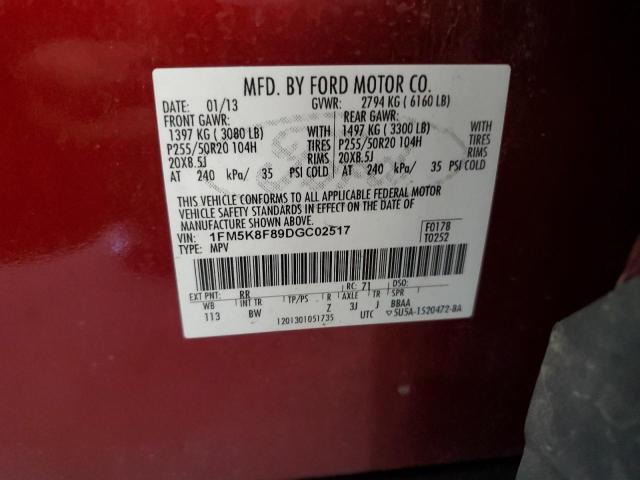 1FM5K8F89DGC02517 - 2013 FORD EXPLORER LIMITED RED photo 13
