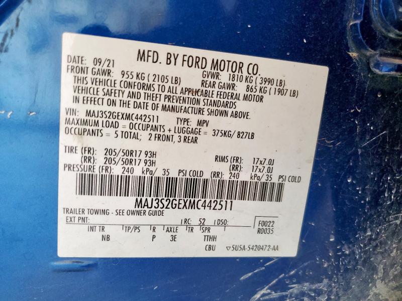 MAJ3S2GEXMC442511 - 2021 FORD ECOSPORT SE Mavi fotoğraf 13