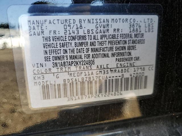 3N1AB7AP2KY224806 - 2019 NISSAN SENTRA S BLACK photo 12