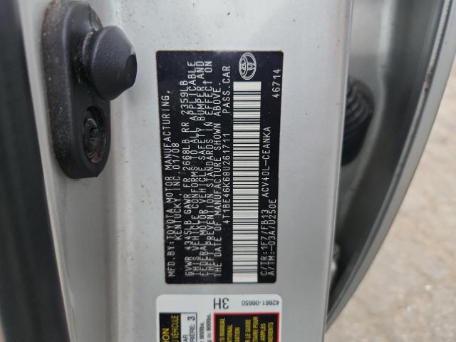 4T1BE46K68U261711 - 2008 TOYOTA CAMRY CE 银色 照片 13