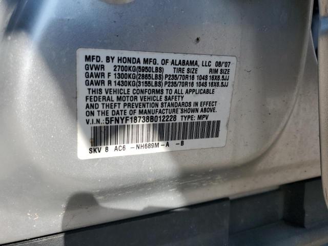 5FNYF18738B012228 - 2008 HONDA PILOT EXL SILVER photo 13