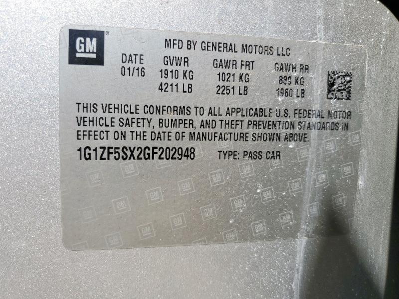 1G1ZF5SX2GF202948 - 2016 CHEVROLET MALIBU LT SILVER photo 12