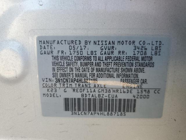 3N1CN7AP4HL887185 - 2017 NISSAN VERSA S SILVER photo 12