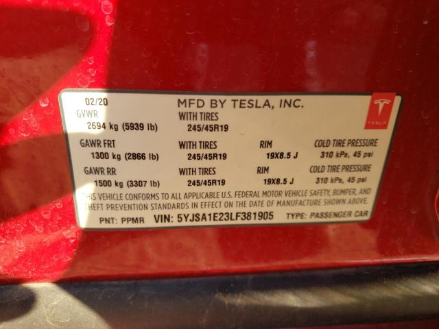 5YJSA1E23LF381905 - 2020 TESLA MODEL S Կարմիր լուսանկար 12