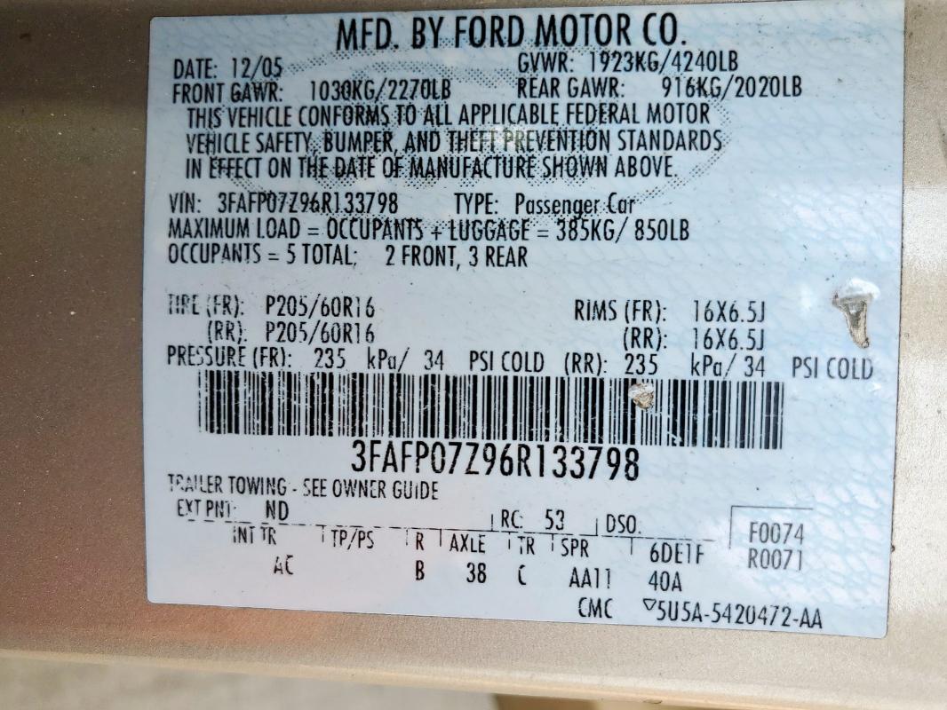 3FAFP07Z96R133798 - 2006 FORD FUSION SE 棕色 照片 12