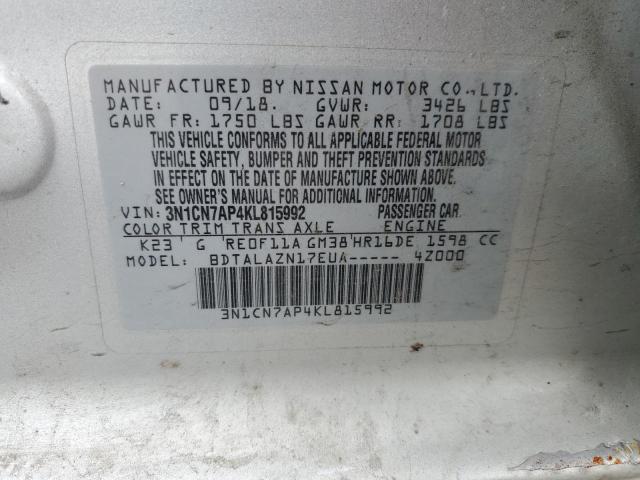 3N1CN7AP4KL815992 - 2019 NISSAN VERSA S SILVER photo 12