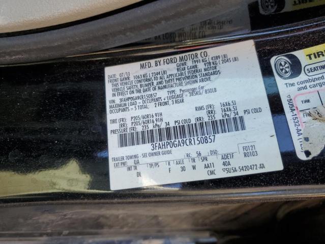 3FAHP0GA9CR150857 - 2012 FORD FUSION S BLACK photo 12