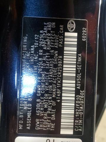 4T4BF1FK7CR259878 - 2012 TOYOTA CAMRY BASE Blau Foto 12