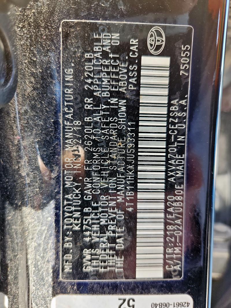 4T1B11HKXJU593311 - 2018 TOYOTA CAMRY L შავი ფოტო 13