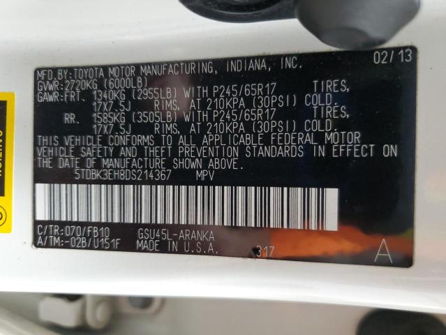 5TDBK3EH8DS214367 - 2013 TOYOTA HIGHLANDER BASE Белый фото 14