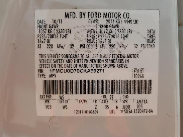 1FMCU0D70CKA99271 - 2012 FORD ESCAPE XLT WHITE photo 14