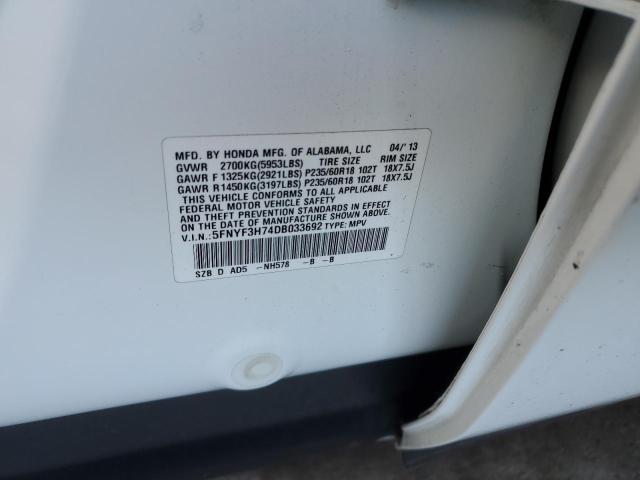 5FNYF3H74DB033692 - 2013 HONDA PILOT EXLN WHITE photo 12