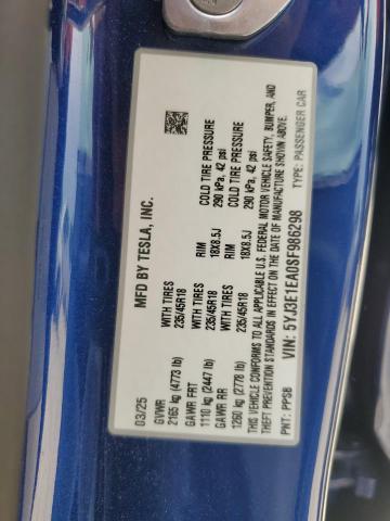 5YJ3E1EA0SF986298 - 2025 TESLA MODEL 3 BLUE photo 12