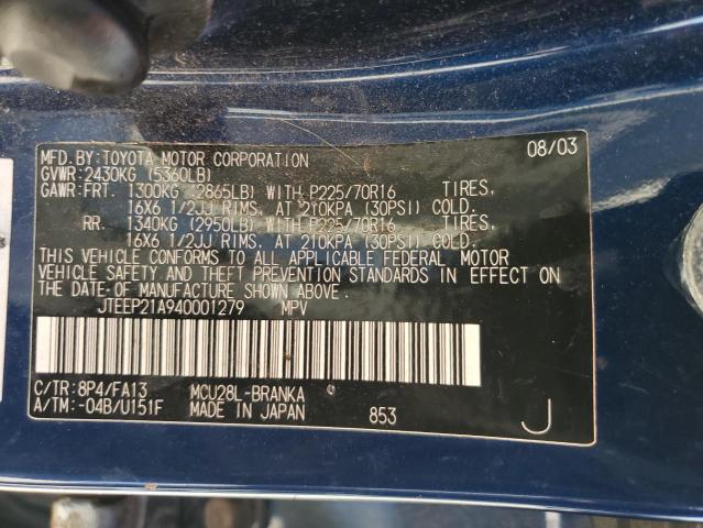 JTEEP21A940001279 - 2004 TOYOTA HIGHLANDER BLUE photo 14