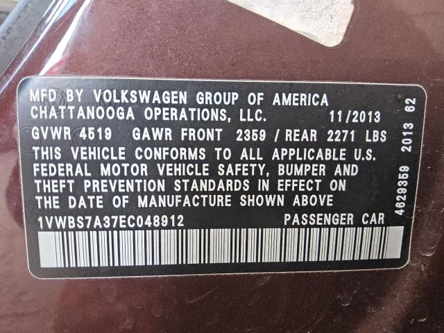 1VWBS7A37EC048912 - 2014 VOLKSWAGEN PASSAT SE მუქწითელი ფოტო 12