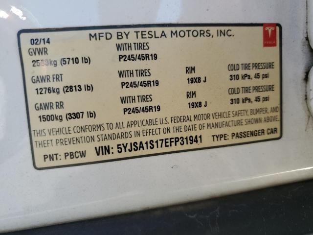 5YJSA1S17EFP31941 - 2014 TESLA MODEL S Սպիտակ լուսանկար 13