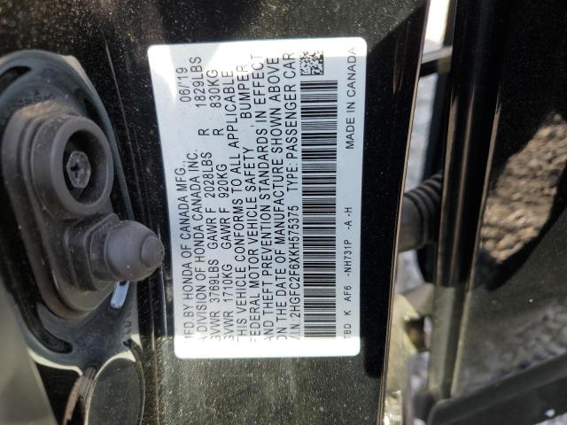 2HGFC2F6XKH575375 - 2019 HONDA CIVIC LX BLACK photo 13