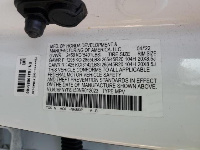 5FNYF8H53NB012023 - 2022 HONDA PASSPORT EXL WHITE photo 13