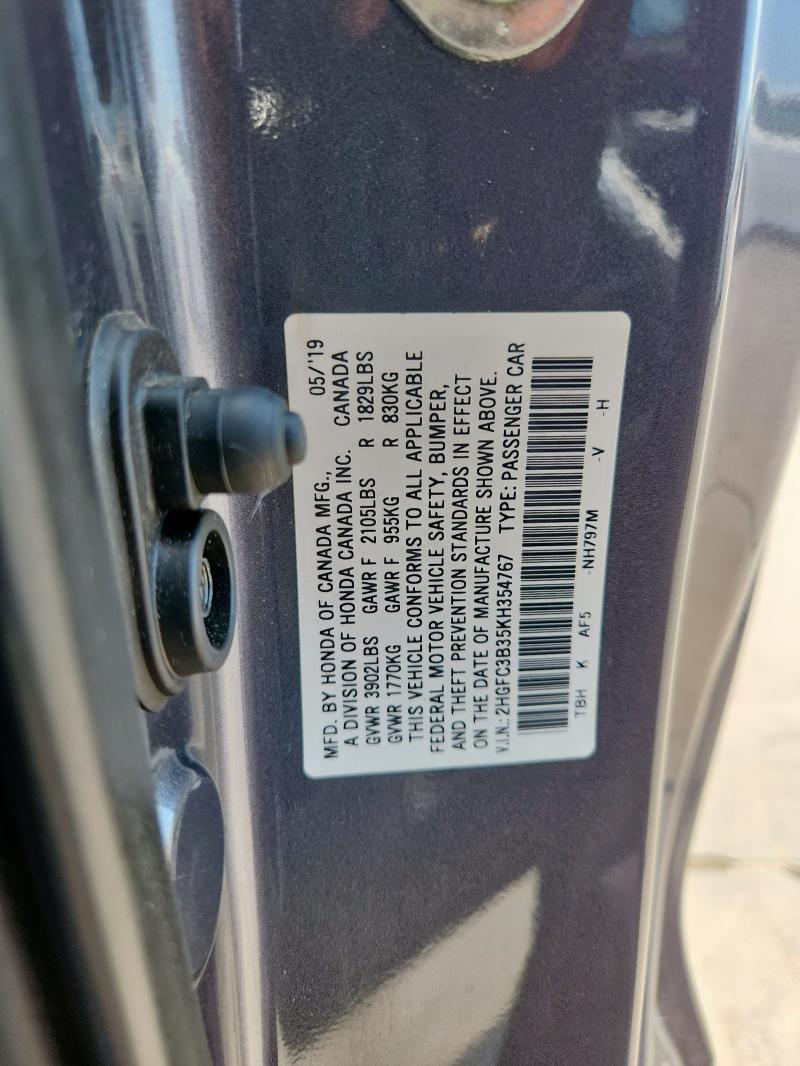 2HGFC3B35KH354767 - 2019 HONDA CIVIC EX Մոխրագույն լուսանկար 12