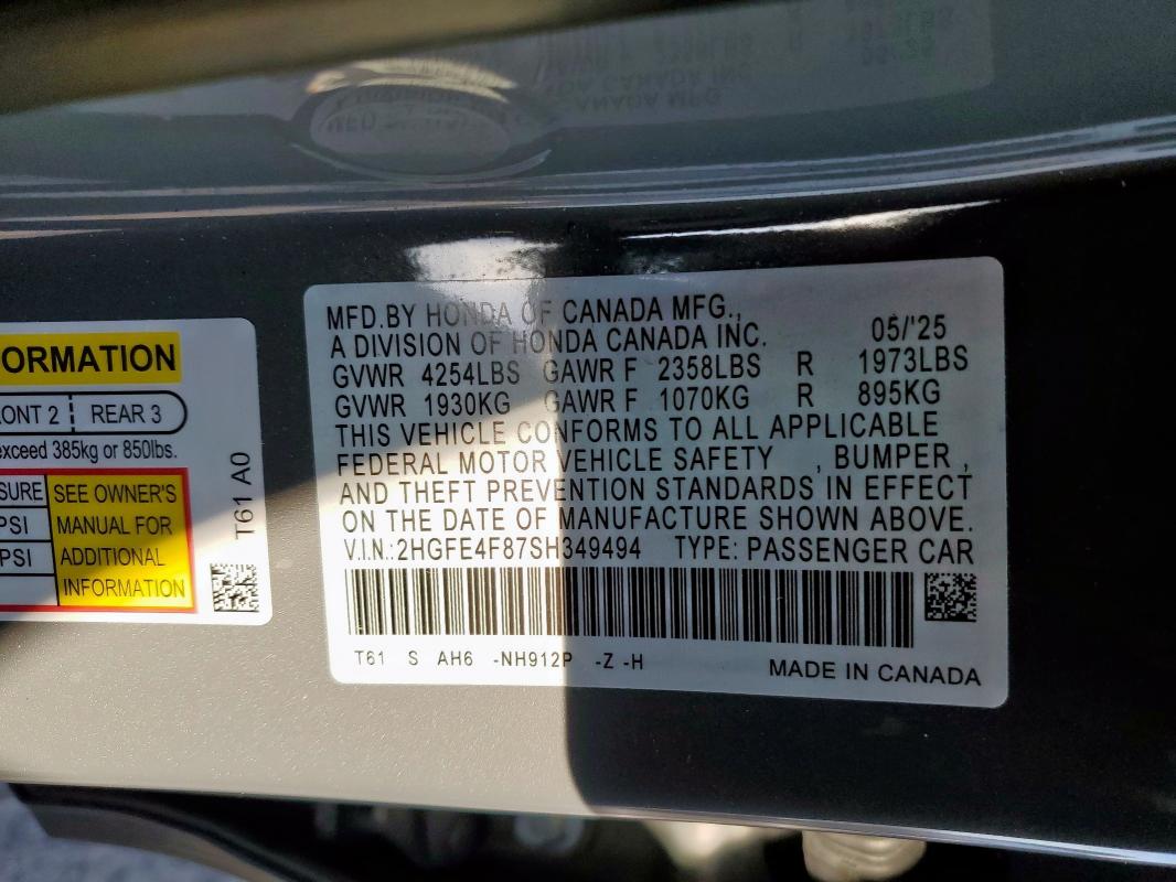 2HGFE4F87SH349494 - 2025 HONDA CIVIC SPORT ნაცრისფერი ფოტო 12