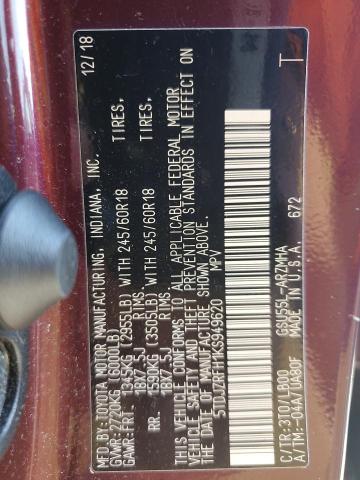 5TDJZRFH1KS949620 - 2019 TOYOTA HIGHLANDER SE 红色 照片 13