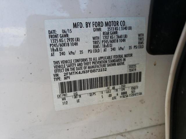 2FMTK4J93FBB72232 - 2015 FORD EDGE SEL WHITE photo 12