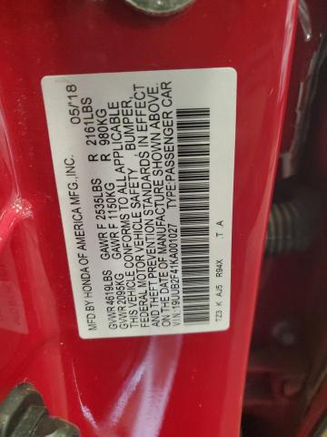 19UUB2F41KA001027 - 2019 ACURA TLX TECHNOLOGY 红色 照片 12