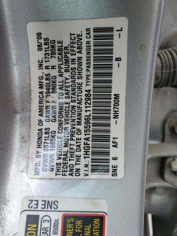 1HGFA15596L112984 - 2006 HONDA CIVIC LX SILVER photo 12