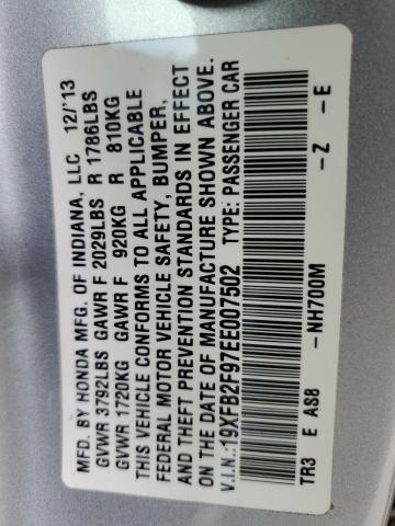 19XFB2F97EE007502 - 2014 HONDA CIVIC EXL ვერცხლისფერი ფოტო 12