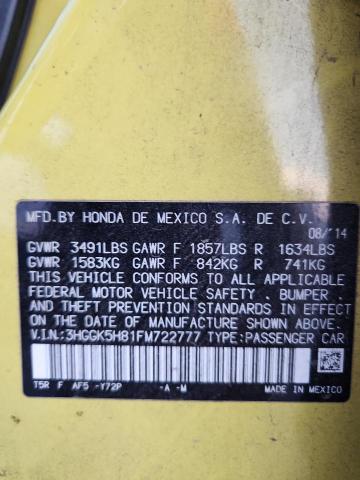 3HGGK5H81FM722777 - 2015 HONDA FIT EX 黄色 照片 13