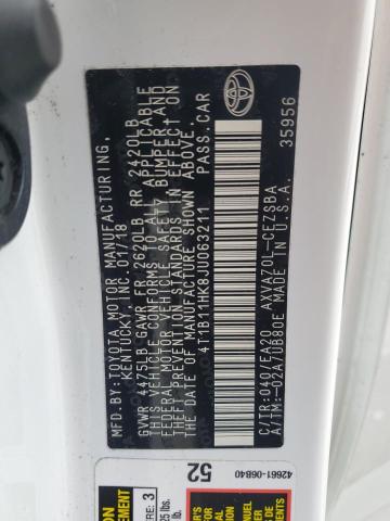 4T1B11HK8JU063211 - 2018 TOYOTA CAMRY L WHITE photo 12