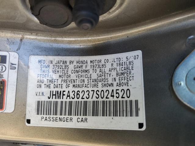 JHMFA36237S024520 - 2007 HONDA CIVIC HYBRID BEIGE photo 12