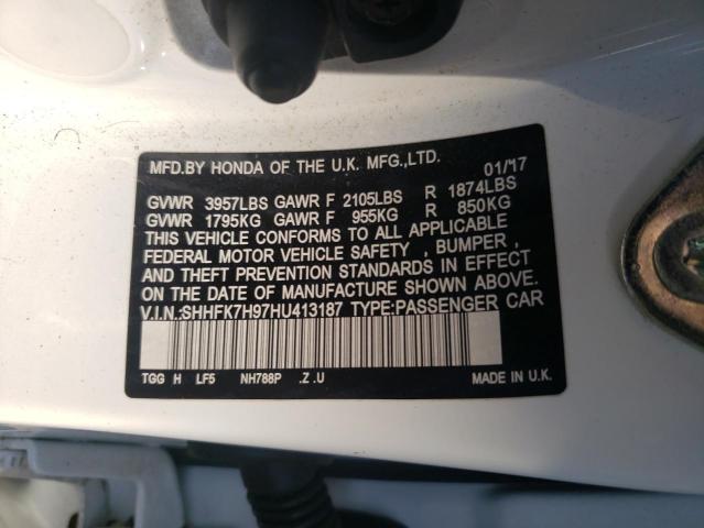 SHHFK7H97HU413187 - 2017 HONDA CIVIC SPORT TOURING WHITE photo 12