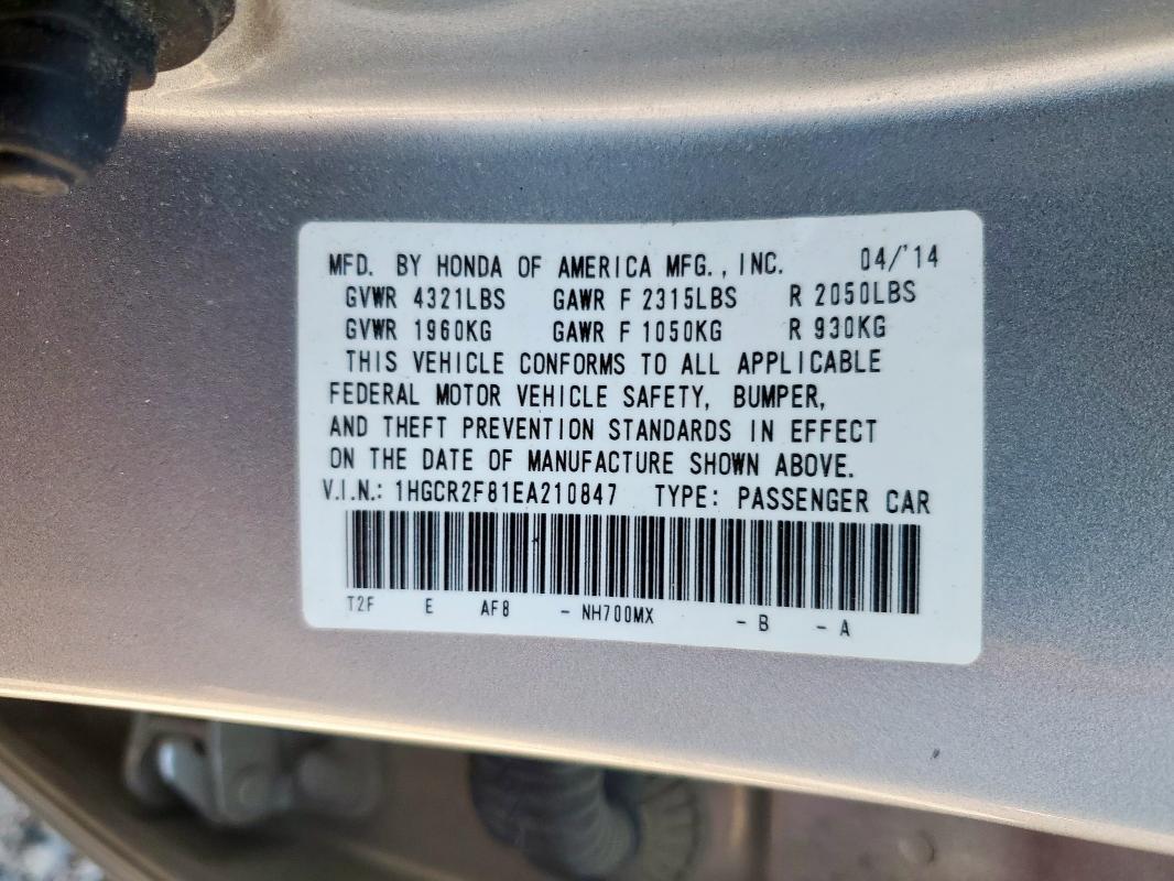1HGCR2F81EA210847 - 2014 HONDA ACCORD EXL SILVER photo 12
