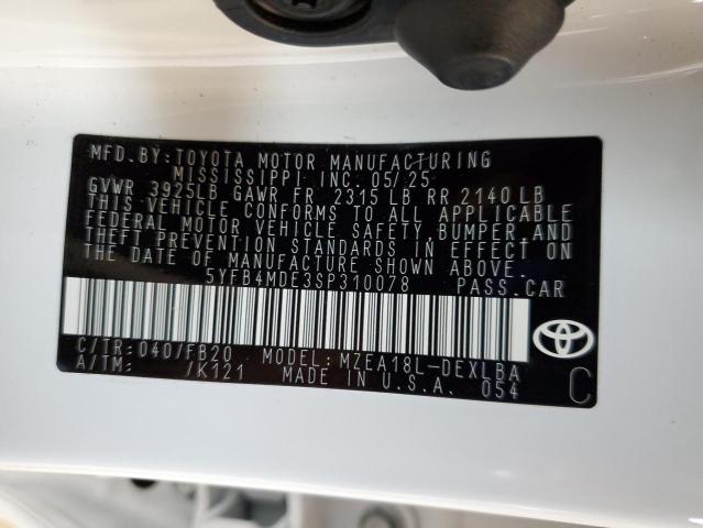 5YFB4MDE3SP310078 - 2025 TOYOTA COROLLA LE WHITE photo 13