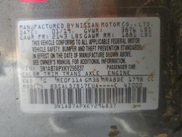 3N1AB7APXKY296837 - 2019 NISSAN SENTRA S GRAY photo 12