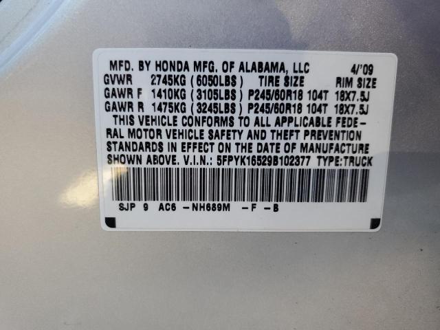 5FPYK16529B102377 - 2009 HONDA RIDGELINE RTL SILVER photo 12