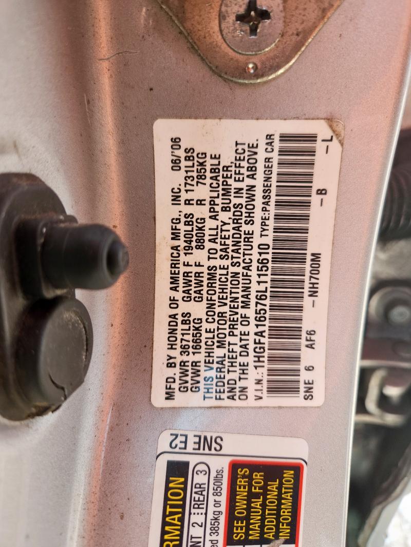 1HGFA16576L115610 - 2006 HONDA CIVIC LX SILVER photo 12