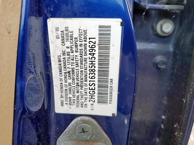 2HGES16385H549621 - 2005 HONDA CIVIC DX VP BLUE photo 10