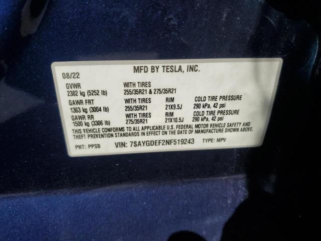 7SAYGDEF2NF519243 - 2022 TESLA MODEL Y 蓝色 照片 12