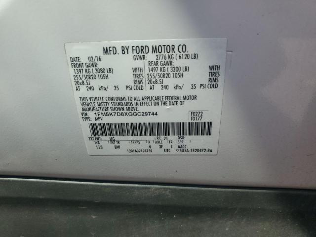 1FM5K7D8XGGC29744 - 2016 FORD EXPLORER XLT 银色 照片 12