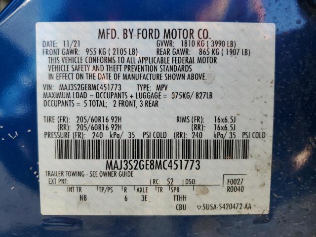 MAJ3S2GE8MC451773 - 2021 FORD ECOSPORT SE ლურჯი ფოტო 14
