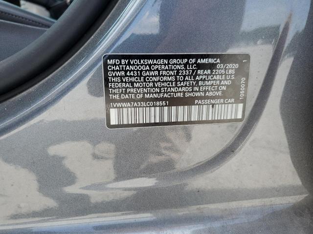 1VWWA7A33LC018551 - 2020 VOLKSWAGEN PASSAT SE GRAY photo 12