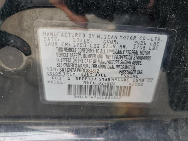 3N1CN7AP6GL834812 - 2016 NISSAN VERSA S 黑色 照片 12