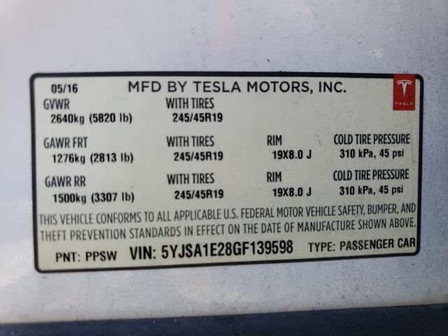 5YJSA1E28GF139598 - 2016 TESLA MODEL S Սպիտակ լուսանկար 12
