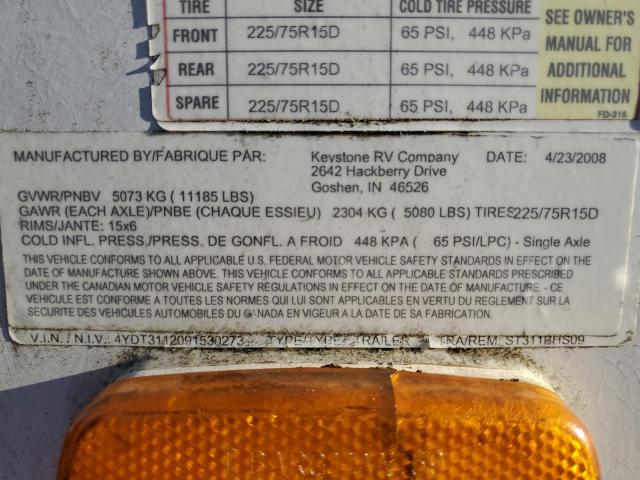 4YDT3112091530273 - 2009 KEYSTONE SPRINTER WHITE photo 10