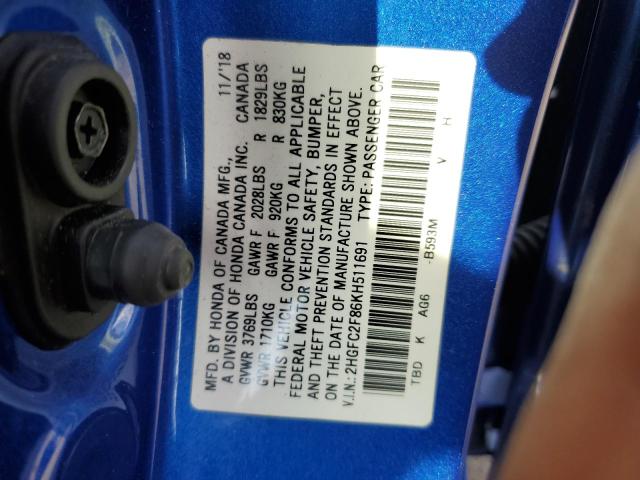 2HGFC2F86KH511691 - 2019 HONDA CIVIC SPORT 蓝色 照片 12