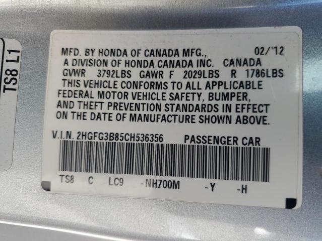 2HGFG3B85CH536356 - 2012 HONDA CIVIC EX SILVER photo 12