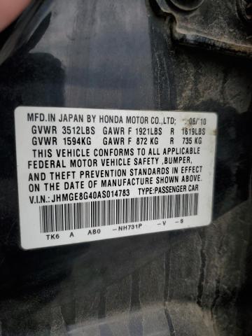 JHMGE8G40AS014783 - 2010 HONDA FIT SPORT BLACK photo 12