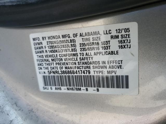5FNRL38686B417479 - 2006 HONDA ODYSSEY EXL ვერცხლისფერი ფოტო 13